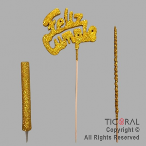 ADORNO DE TORTA SET FELIZ CUMPLE CON BENGALA Y VELA GIBRE ORO x 1